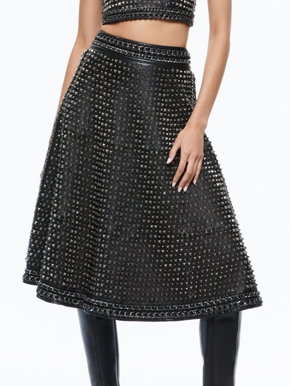 Alice + Olivia Black Studded Leather Midi Skirt